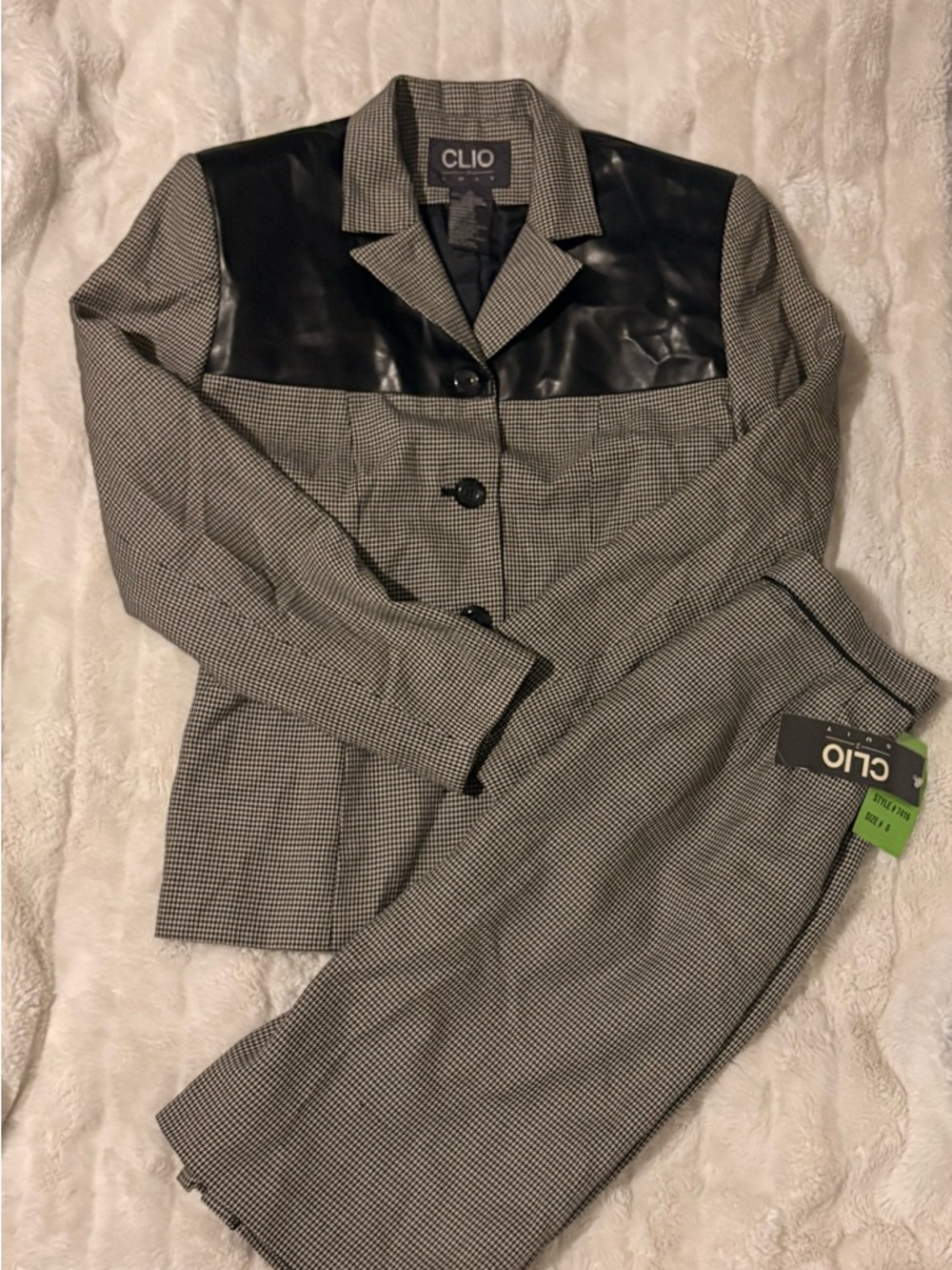 Clio Black Faux Leather Blazer with Black and White Houndstooth Accents